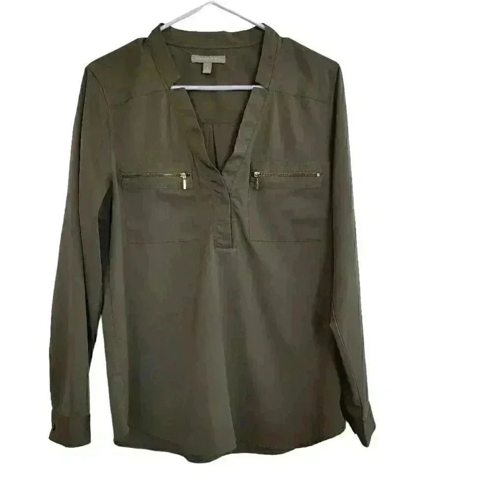 Banana Republic Women's Khaki Green Polyester Long Sleeve V-Neck Shirt w Gold Zi